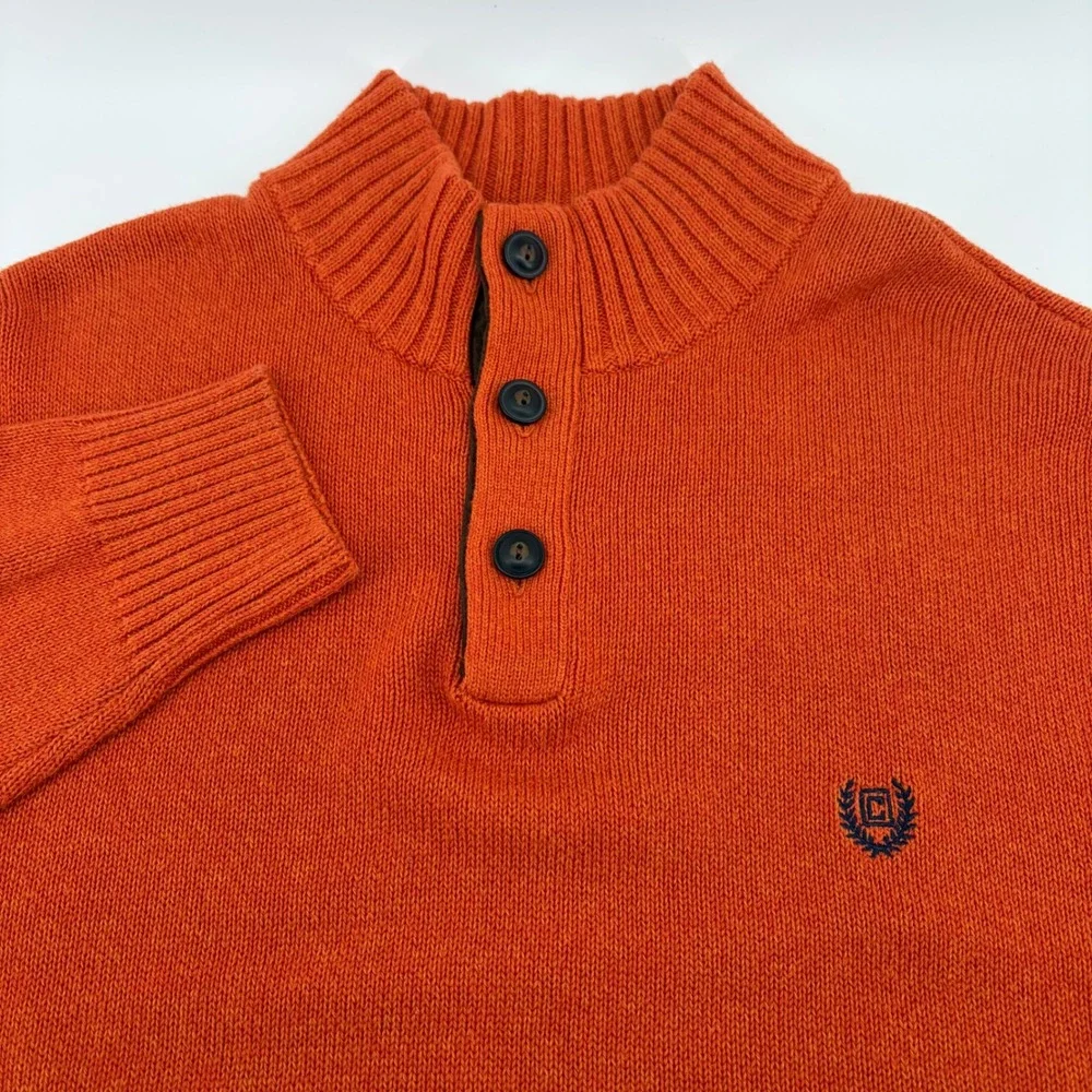 Chaps Mens Orange Mock Neck Button Sweater‎ with Suede Elbow Patches Size L